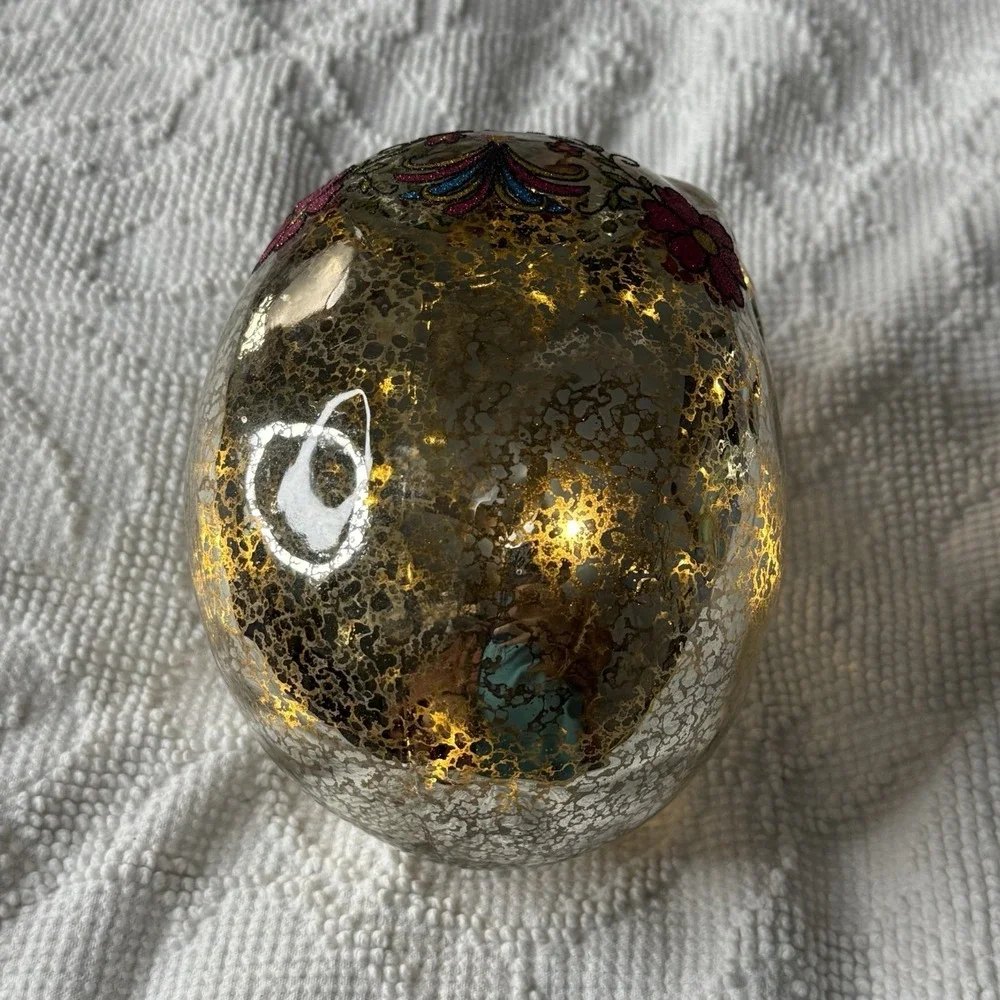 Mercury Glass Sugar Skull Light Up Gold Glitter Floral Dia de los Muertos 6in